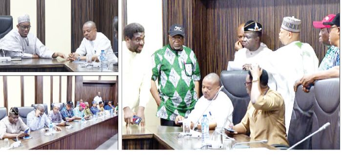 National Security Adviser, Nuhu Ribadu; President of the Nigeria Labour Congress, Joe Ajaero and other labour leaders during a meeting between the Federal Government and the organised labour in Abuja...on Monday. 