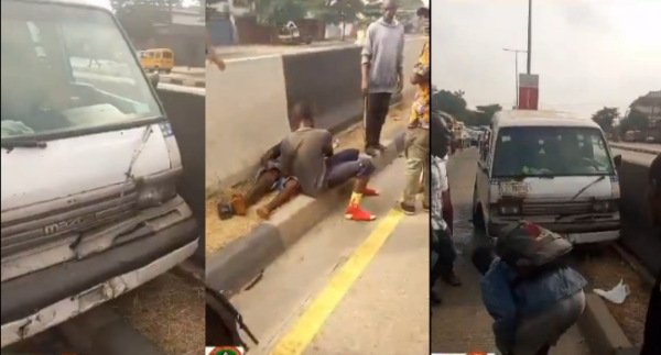 PHOTOS: Two Injured As Commercial Bus Rams Into Curvet In Lagos